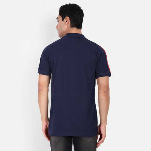 Men Navy Red & White Color Blocked Polo Collar T-Shirt