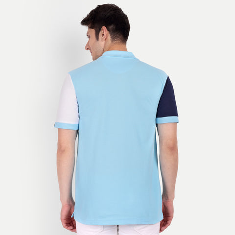 Men Sky Blue, White & Navy Color Blocked Polo Collar T-Shirt