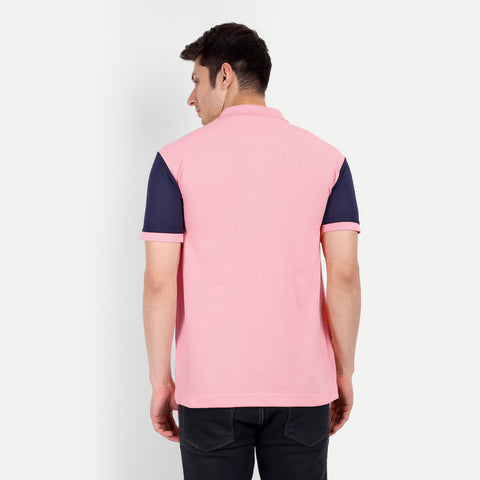 Men Pink & Navy Blue Color Blocked Polo Collar T-Shirt