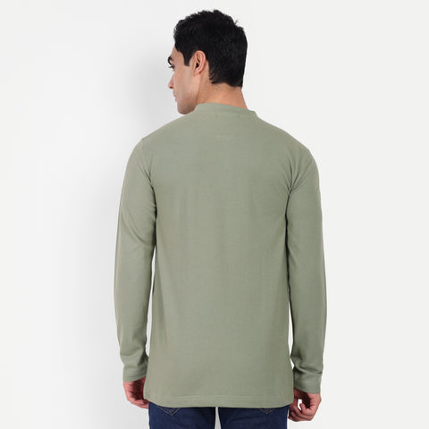 Men’s Moss Green Henley Collar T-shirt.