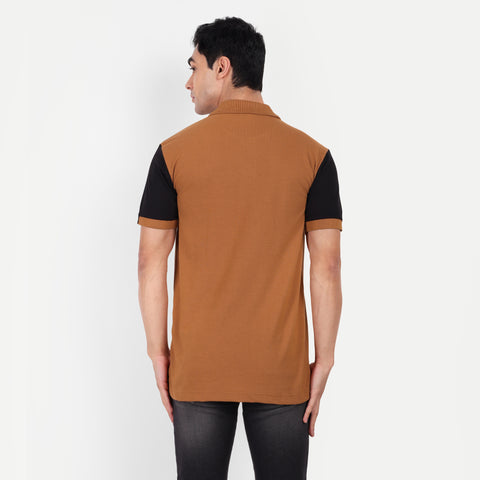 Men Brown And Black Color Blocked Polo Collar T-shirt