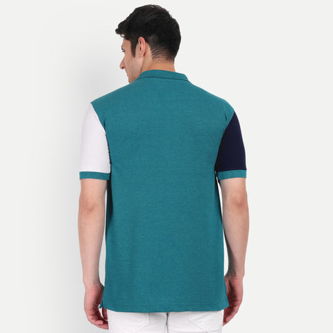 Men Teal Blue, White & Navy Color Blocked polo Collar t-Shirt