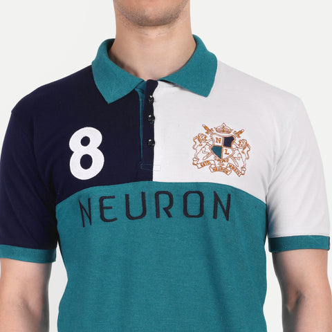 Men Teal Blue, White & Navy Color Blocked polo Collar t-Shirt