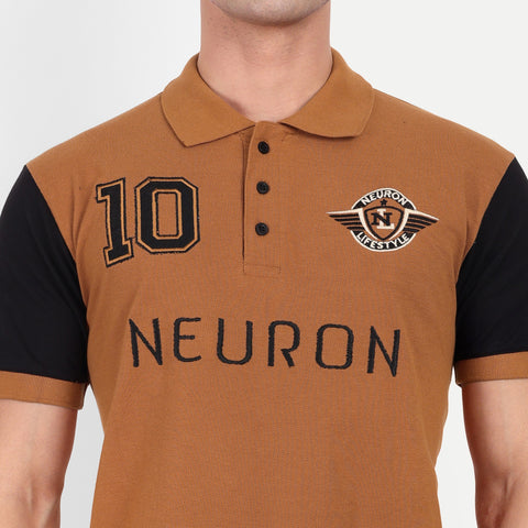 Men Brown And Black Color Blocked Polo Collar T-shirt