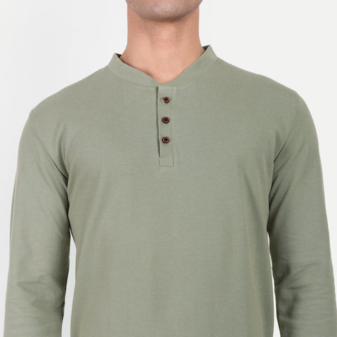 Men’s Moss Green Henley Collar T-shirt.