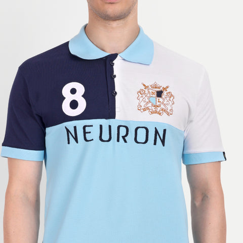 Men Sky Blue, White & Navy Color Blocked Polo Collar T-Shirt