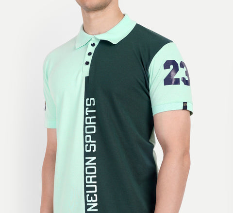 Men Mint & Bottle Green Color Blocked Polo Collar T-Shirt
