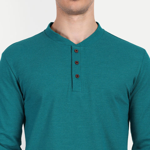 Men's Teal Blue Solid Henley Collar T-shirt.