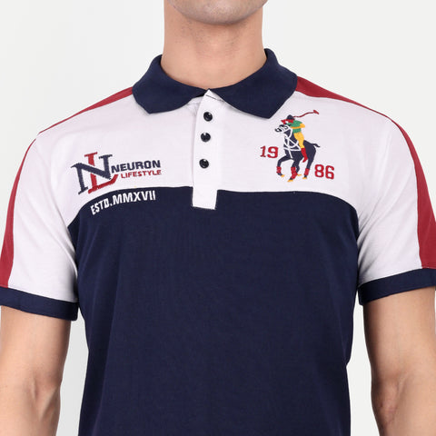 Men Navy Red & White Color Blocked Polo Collar T-Shirt