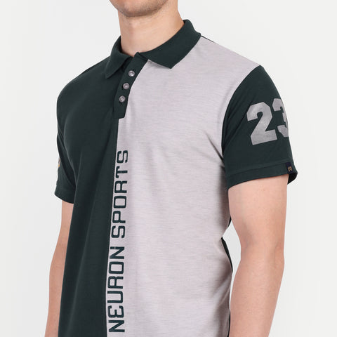 Men Bottle Green & Grey Color Blocked Polo Collar T-Shirt