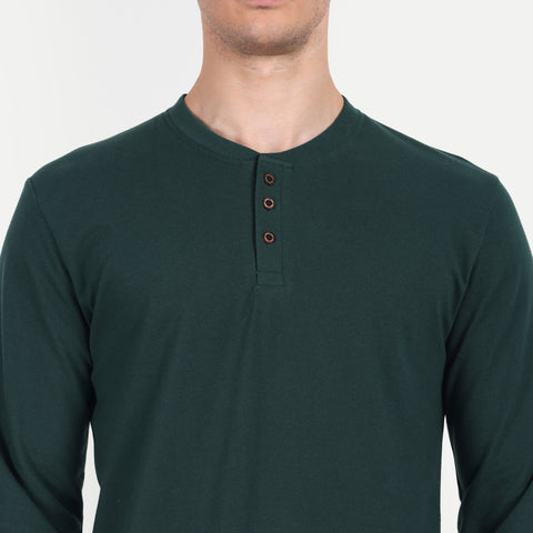 Men's Bottle Green Solid Henley Collar T-shirt