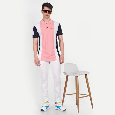 Men Pink White & Navy Blue Color Blocked Polo Collar t-shirt