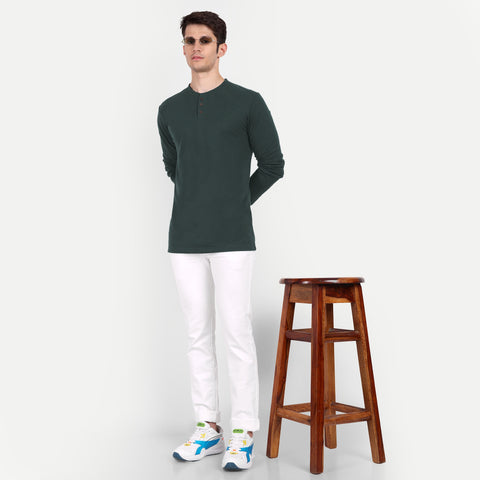 Men's Bottle Green Solid Henley Collar T-shirt