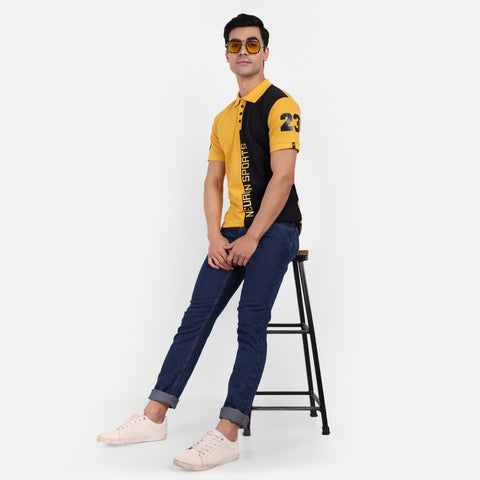 Men Mustard Yellow Black Color Blocked Printed Polo Collar T-Shirt
