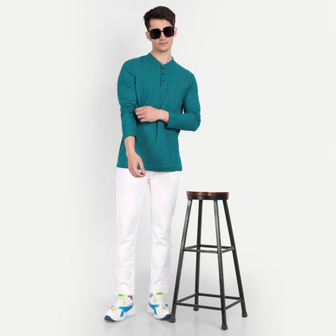 Men's Teal Blue Solid Henley Collar T-shirt.