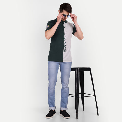 Men Bottle Green & Grey Color Blocked Polo Collar T-Shirt