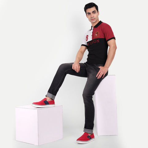 Men Black, White & Red Color Blocked Polo Collar T-Shirt
