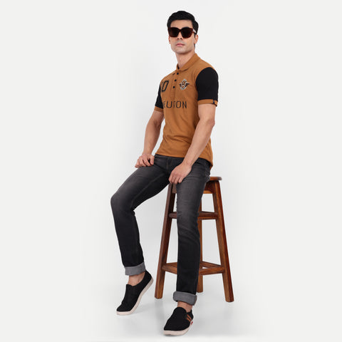 Men Brown And Black Color Blocked Polo Collar T-shirt