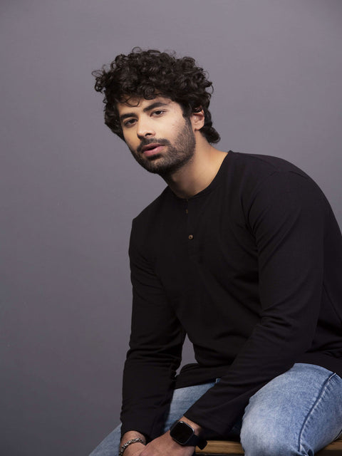 Men’s Black Henley Collar T-shirt.