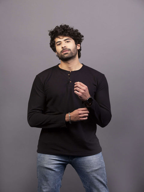 Men’s Black Henley Collar T-shirt.